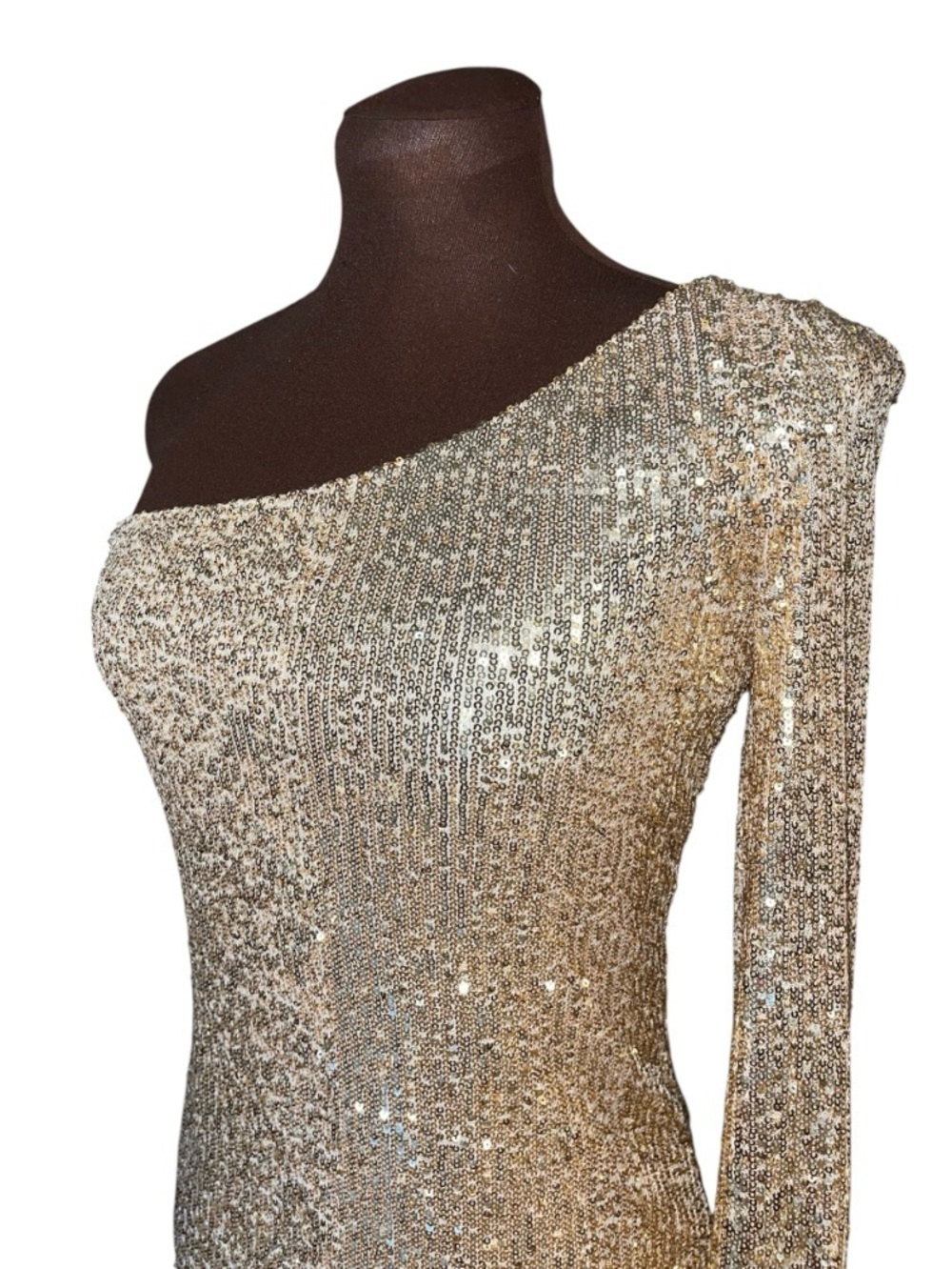 BETSEY JOHNSON Luisa Gold Shimmer Sequin One Shoulder Bodycon Party Dress Medium - Picture 8 of 10